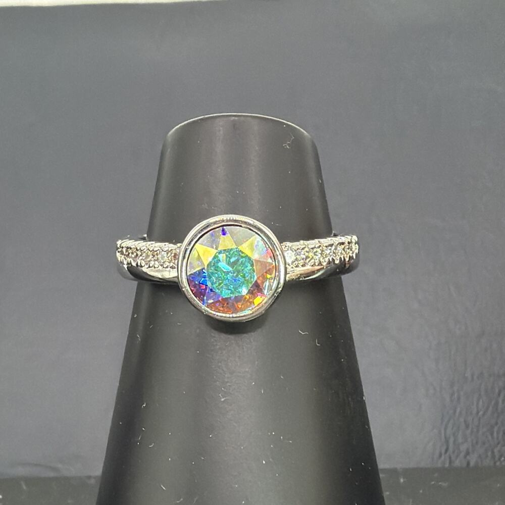 Silver Tone AB Crystal Solitaire Ring Side Stone Accent Band 6.25 Statement Glam